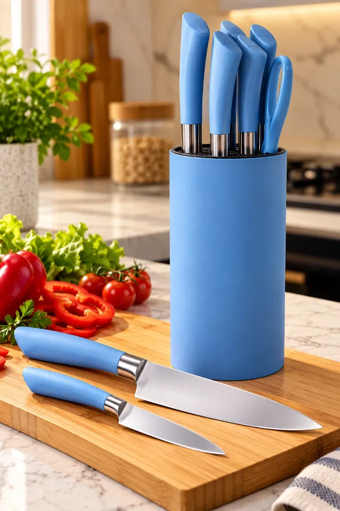 Set de cuchillos azules en cocina cálida.webp