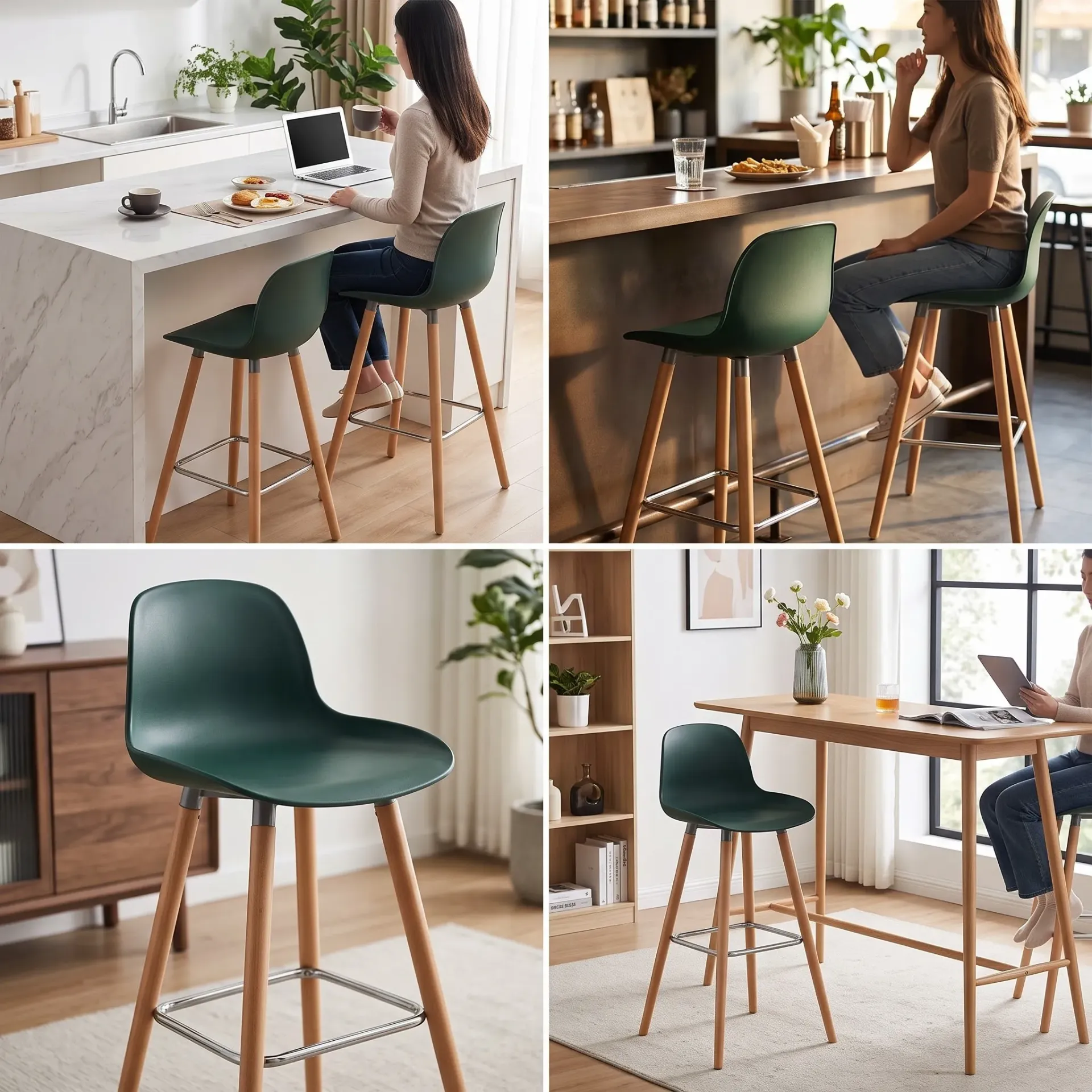 TABURETE ALTO PLASTICO VERDE CON PATAS DE MADERA