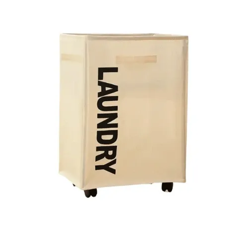 CESTA PARA ROPA COLOR CREMA CON RUEDAS 40X35X58