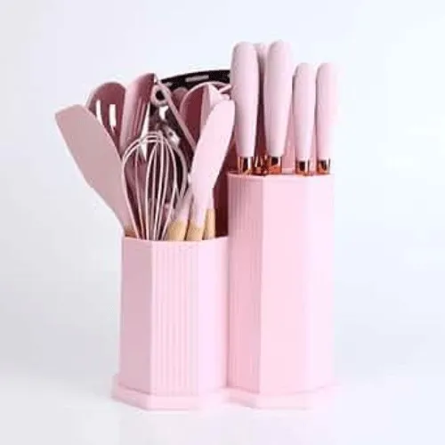 SET DE UTENCILIOS DE SILICONA 19 PCS COLOR ROSA