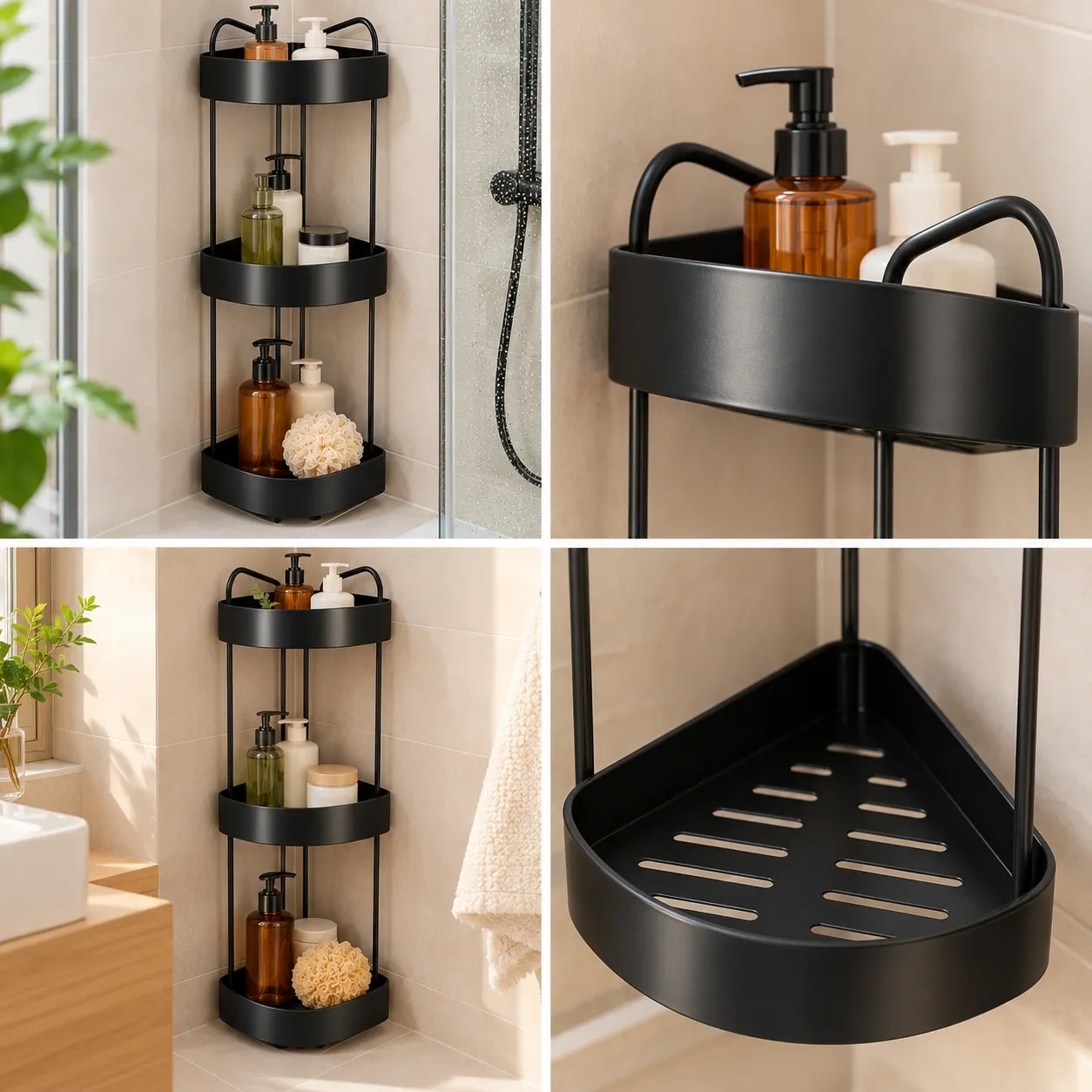 ESTANTE ESQUINERO PARA BAÑO DE ALUMINIO NEGRO 3 NIVELES