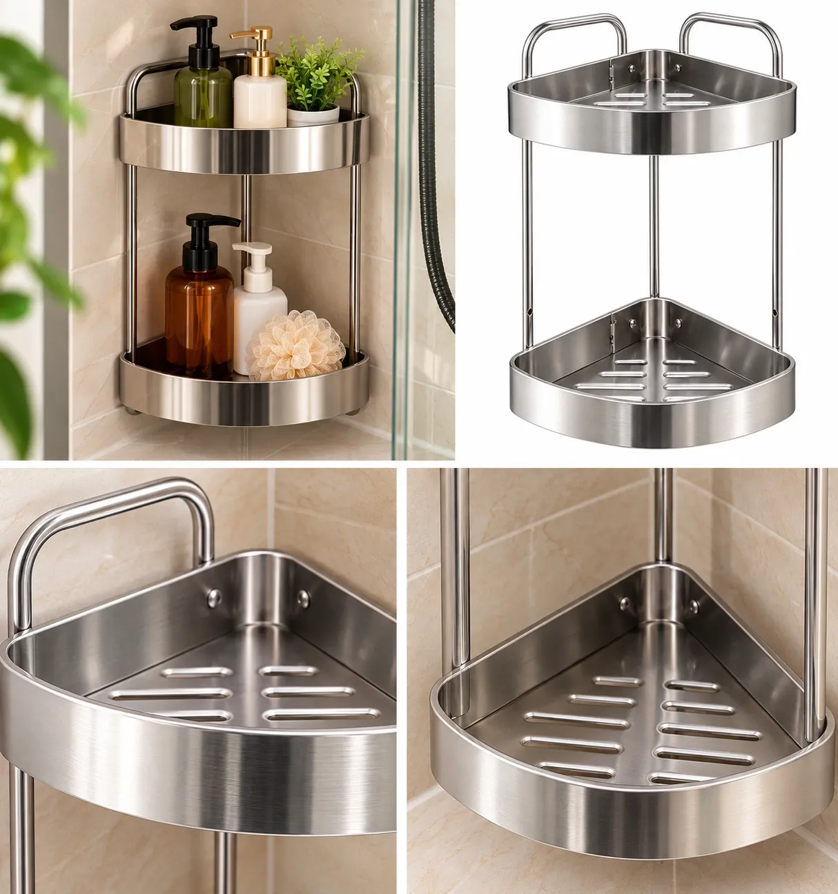 ESTANTE ESQUINERO PARA BAÑO INOXIDABLE DE 2 NIVELES