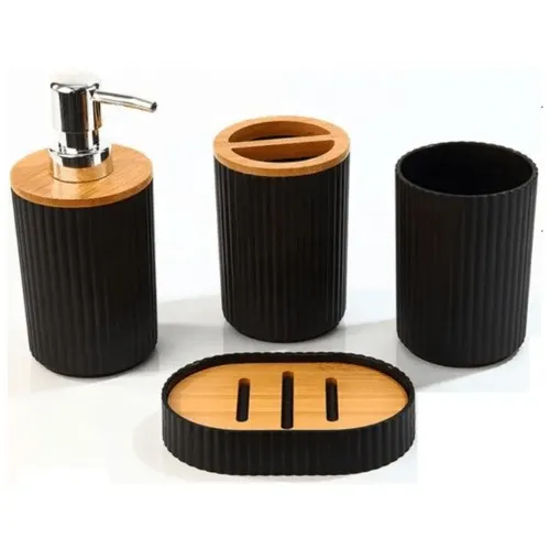SET DE BAÑO 4 PIEZAS NEGRO PLASTICO CON BAMBU