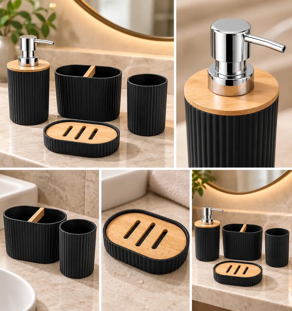 SET DE BAÑO 4 PIEZAS NEGRO PLASTICO CON BAMBU
