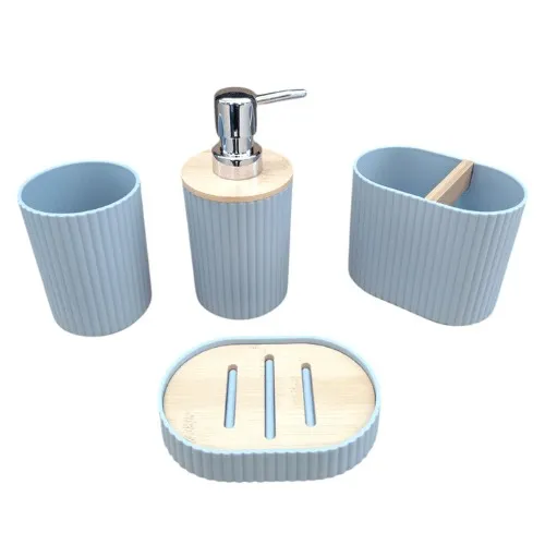 SET DE BAÑO 4 PIEZAS PLOMO PLASTICO CON BAMBU