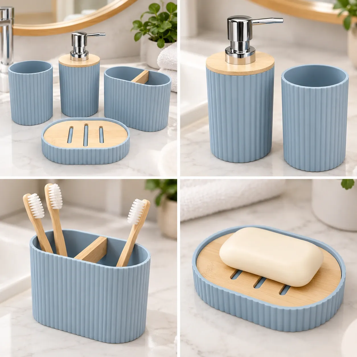 SET DE BAÑO 4 PIEZAS PLOMO PLASTICO CON BAMBU