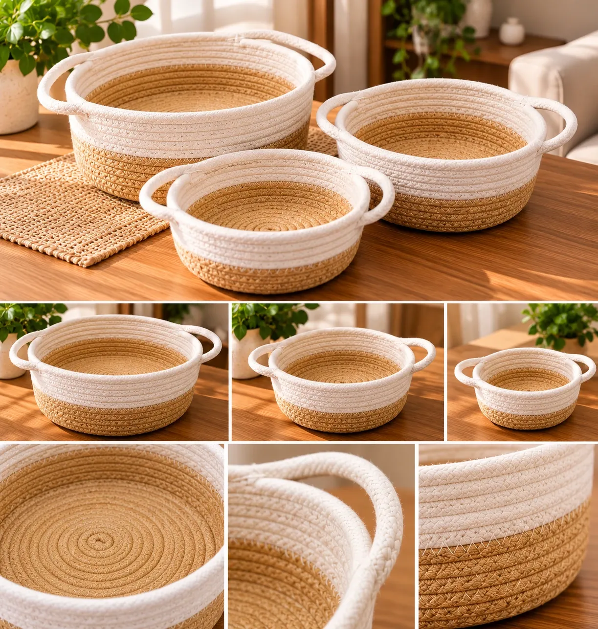 CESTA TEJIDA DE ALGODON BEIGE CON BLANCO SET 3 PIEZAS