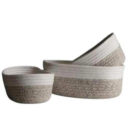 CESTAS DE ALGODON BLANCO CON GRIS SET 3 PIEZAS