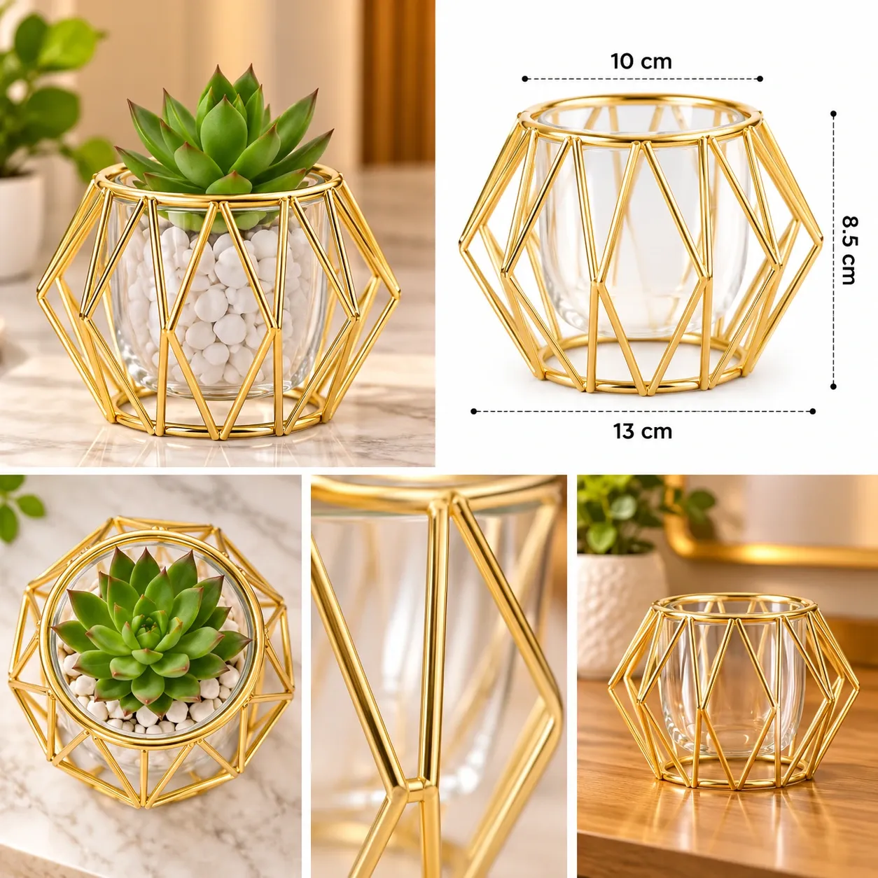 MACETERO DE HIERRO FORJADO DORADO 1 CON MACETERO DE CRISTAL