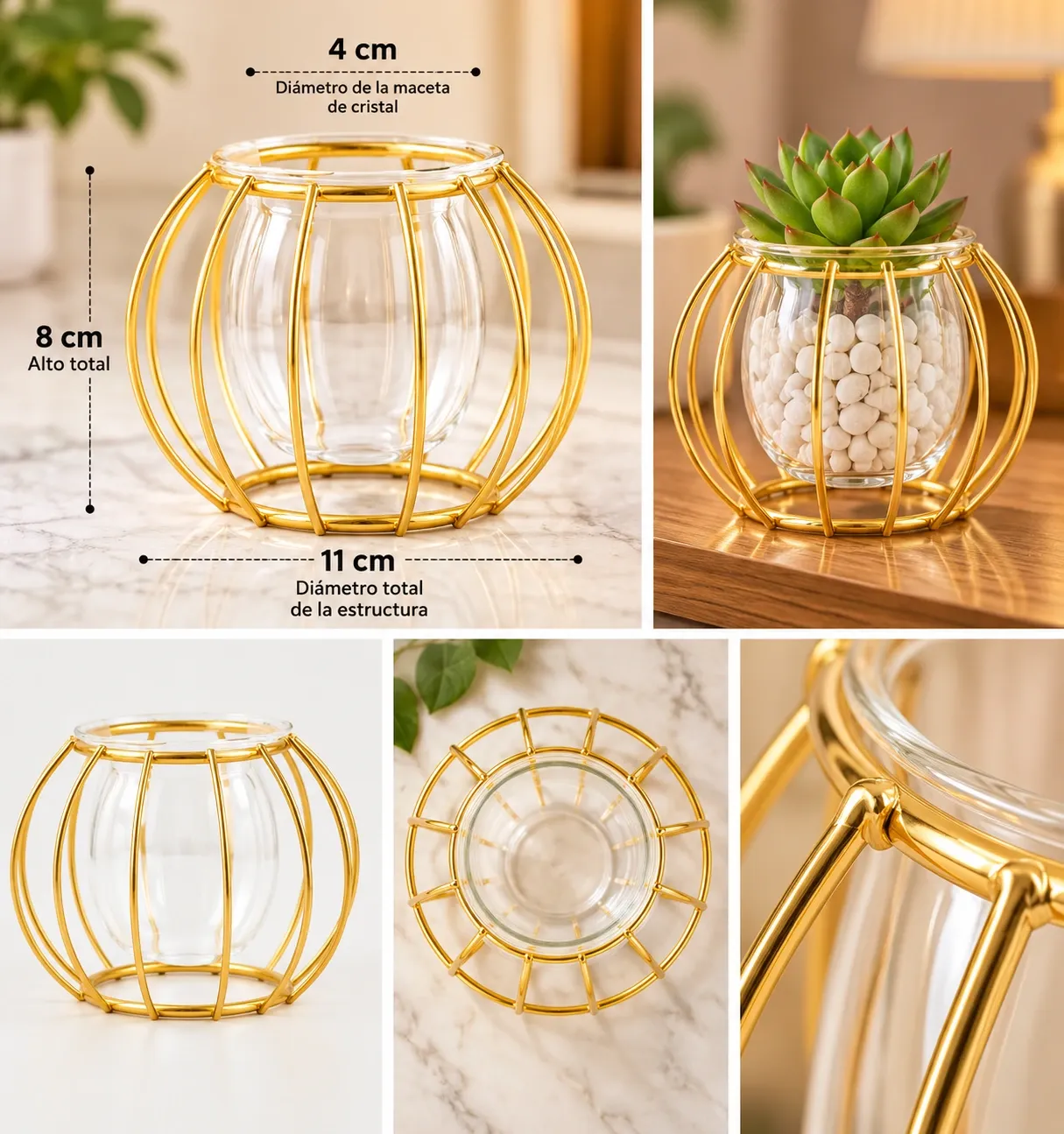 MACETERO DE HIERRO FORJADO DORADO REDONDO CON MACETERO DE CRISTAL