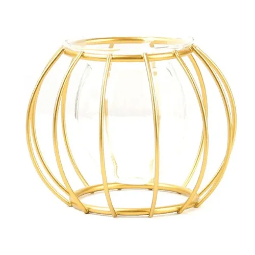 MACETERO DE HIERRO FORJADO DORADO REDONDO CON MACETERO DE CRISTAL