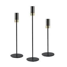 PORTA VELAS NEGRO CON DORADO SET 3 PIEZAS
