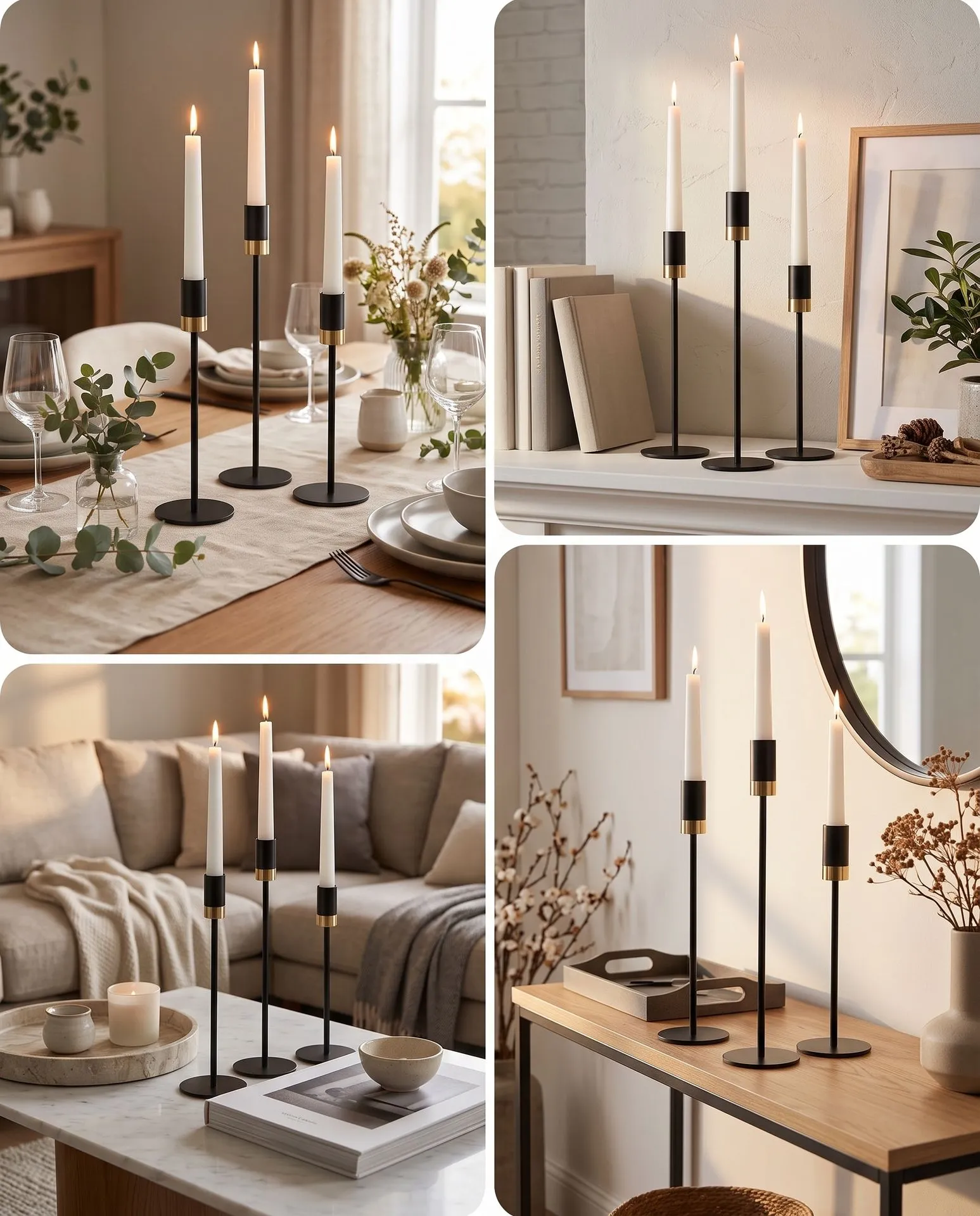 PORTA VELAS NEGRO CON DORADO SET 3 PIEZAS
